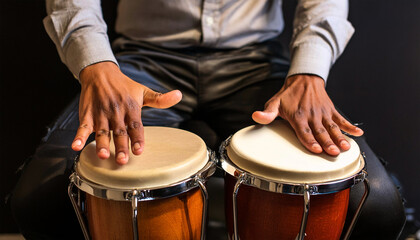 Close-up of a hands of a percussionist while playing wooden bongos. Percussion instrument. Generative Ai.