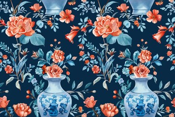 Seamless pattern with traditional Chinese vases and flower arrangements. - obrazy, fototapety, plakaty