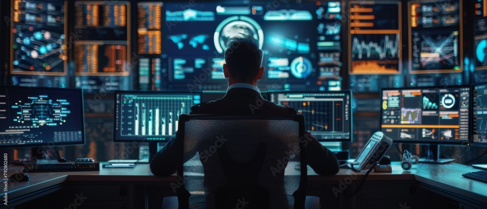 Poster at a workstation in the system control room, an operator watches multiple displays displaying graphi