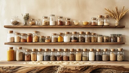 A variety of spice jars neatly arranged on wooden shelves against a beige wall, with grains in the...