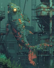 Illustrate a pixel art depiction of a side view mechanical mermaid, blending retro charm with futuristic elements, exploring underwater caves with sonar capabilities, Editorial - obrazy, fototapety, plakaty
