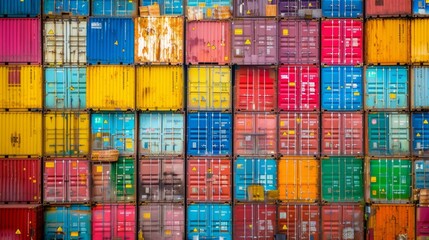 Fototapeta premium Rows of colorful shipping containers stacked high