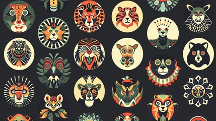 A variety of circular vector design elements featuring animals in stylized forms, suitable for creating eye-catching patterns and illustrations