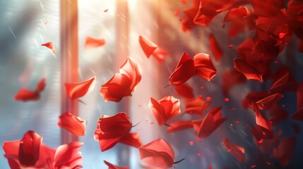 Red petals and flowers floating softly in the air, illuminated by natural light