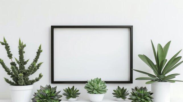 Black frame and lush succulent plants on a pristine white background