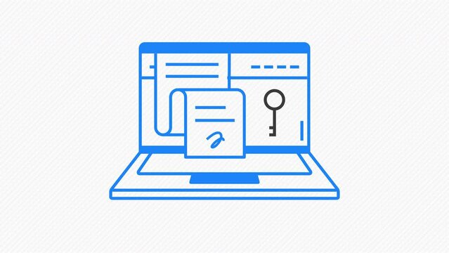 Electronic or digital signature on laptop graphic animation. Signing electronic documents on gray background motion design. 4K resolution