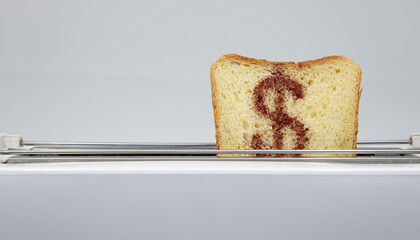 Toasted bread with dollar sign jumping from the toaster. Cost grain, price increase, bread prices.