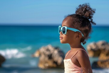 Little african american girl with sunglasses on beach