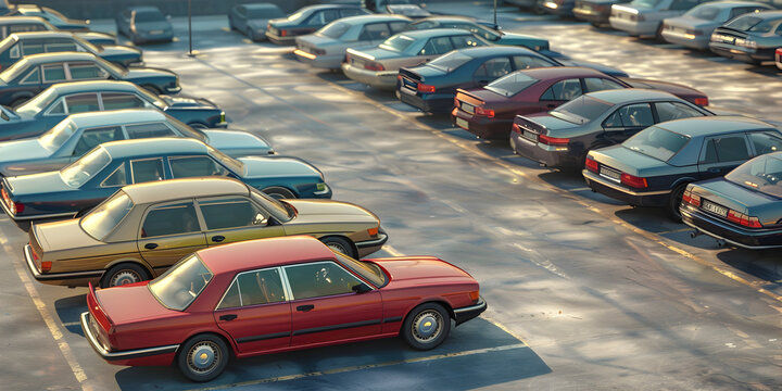 Aerial View of Cars Parked at Parking Lot for Rental Service, Automobile parking space, Car Dealer Concept