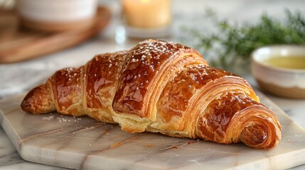 A single croissant, its flaky layers and buttery aroma inviting a taste of French indulgence. - obrazy, fototapety, plakaty