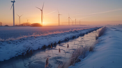 Wind turbines in a field in the Netherlands during sunset