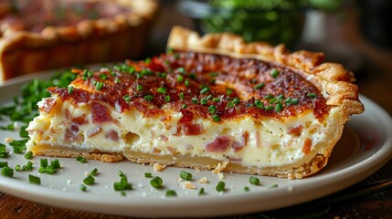 A slice of quiche Lorraine, its savory custard filling and flaky crust making for a hearty and satisfying meal. - obrazy, fototapety, plakaty
