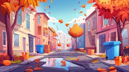 Fall landscape with back alleys and city streets with houses, trashbins, boxes, orange trees, puddle, modern cartoon illustration.