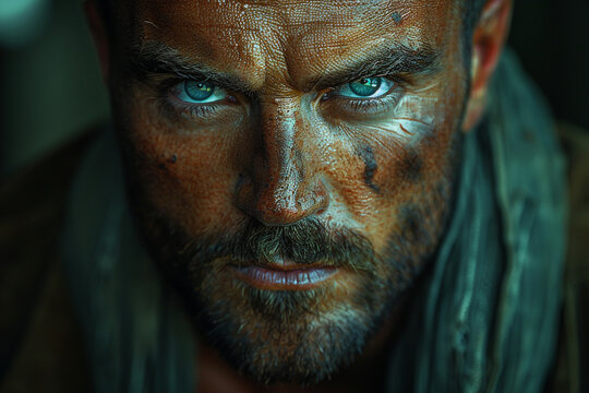 A man with a determined expression, his jaw set and eyes focused as he prepares to tackle a difficult challenge