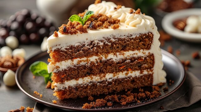 A slice of carrot cake with cream cheese frosting, its moist texture and sweet flavor making for a delightful dessert.