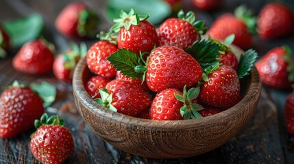 Luscious Strawberries- A bowl of plump strawberries sits temptingly on a wooden table, their bright red color offset by vibrant green leaves. - obrazy, fototapety, plakaty