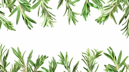 A rosemary banner with a frame with green leaves and an elegant border, isolated on white, suitable for invitations or menu decor for restaurants. A realistic 3D modern illustration of the herb.