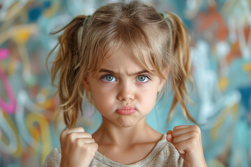 A child with a furrowed brow and clenched fists, expressing frustration and anger at something unfair