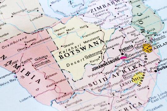 Gaborone, Botswana - April 20, 2024: Botswana road map. Closeup macro view of Republic of  Botswana