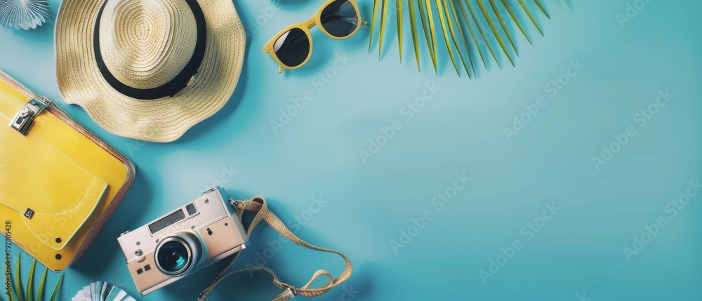 Wall mural Three-dimensional rendering of flat lay travel accessories on blue background.