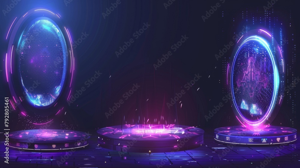 Poster magic circle and square podiums, fantasy teleport platforms with color light beams and sparkles, mod