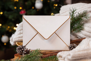 Envelope nearpine cones, spices, white knitted sweater and fir twigs.  Christmas  mockup