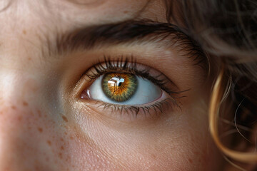 A woman with a thoughtful gaze, her eyes full of curiosity and intrigue as she contemplates something intriguing