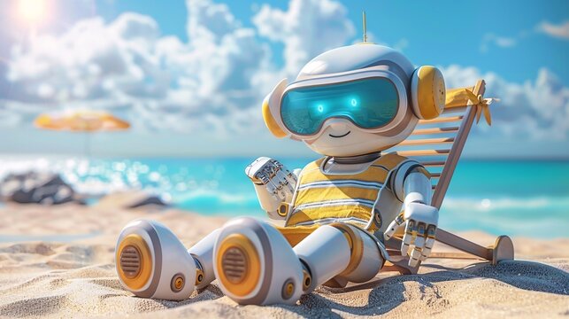 Cute robot on beach with copy space
