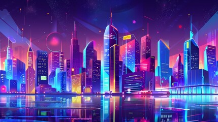 Modern illustration of night megalopolis with skyscrapers, neon signs, alien planets in dark sky with futuristic architecture and colorful illumination.