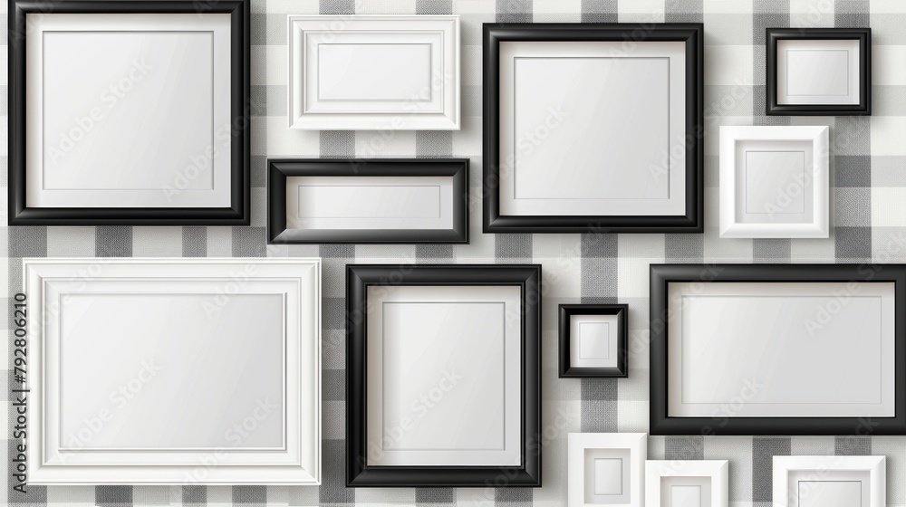 Poster art gallery wall collage of empty square and rectangle frames isolated on transparent background. mo