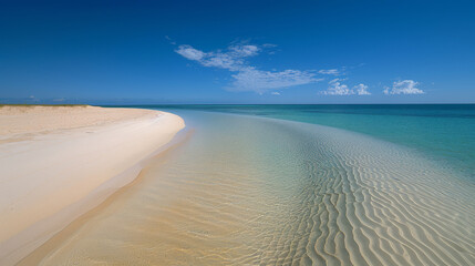 A beach with a clear blue ocean and a sandy shore. The water is calm and the sky is clear