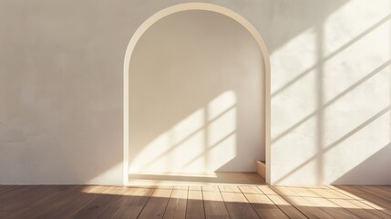 Modern illustration of an empty room with a wooden floor, shadows from a window, and natural light from the window.