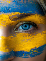 Schönes Gesicht einer Frau mit Ukrainischer Flagge im Gesicht als Bemahlung in Nahaufnahme, ai generativ