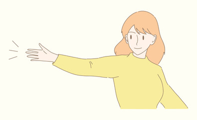 Young woman spreading hand  to the side, showing something, introducing someone, giving direction, demonstrating place for ad, presenting product. Hand drawn flat cartoon character vector illustration