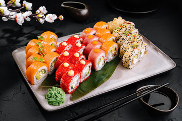 Assortment of fresh sushi rolls on elegant plate
