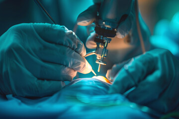 Surgeons performing delicate eye surgery with microscope.