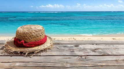 A straw hat with a red band sits on a wooden table by the ocean - obrazy, fototapety, plakaty