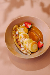 Gourmet breakfast with pancakes and fruits