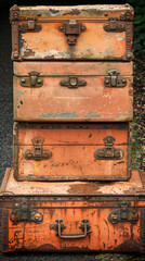 Three old wooden suitcases stacked on top of each other. The suitcases are rusty and worn, giving the impression of being old and forgotten