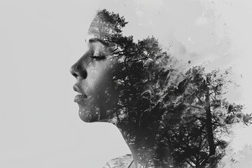 A happy woman with trees in her hair, in monochrome photography
