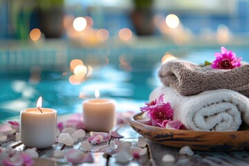 Serene Spa Ambiance with Candles, Towels, and Tropical Flowers