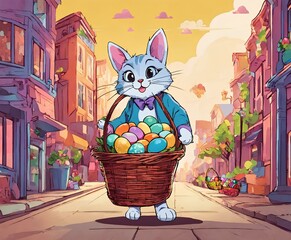 Cat carrying a wicker basket full of Easter eggs walking in the street