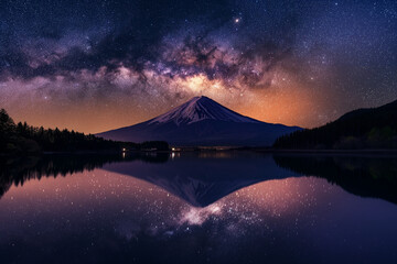 The breathtaking Milky Way stretches across the night sky, mirrored perfectly in the tranquil...