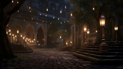 The tension of the bowstring captured in the poised stillness of an arrow, its flight imminent, set against the soft glow of lanterns lining the path of a castle courtyard at dusk