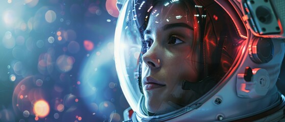 Astronaut wearing helmet in space, gazing in wonder. Space Travel, Exploration, and Solar System Colonization Concept. - obrazy, fototapety, plakaty