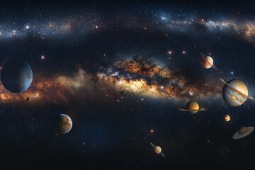 Stunning digital representation of planets aligned with a vibrant galactic starfield in the vastness of deep space.