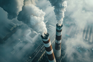Air pollution by smoke coming out of two factory chimneys - obrazy, fototapety, plakaty