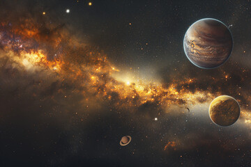 Stunning digital representation of planets aligned with a vibrant galactic starfield in the vastness of deep space.