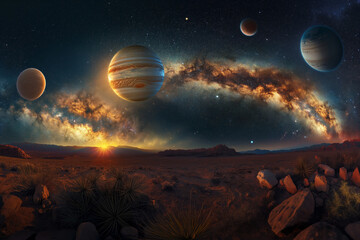 Stunning digital representation of planets aligned with a vibrant galactic starfield in the vastness of deep space.