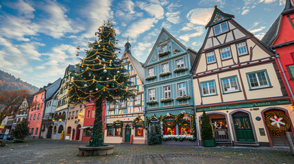 Fototapeta na wymiar Christmas tree and traditional houses